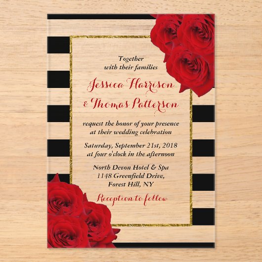 Invitations En Acrylique Chic Moderne Luxe Mariage Collection - Roses rouge (Recto)