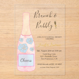 Invitations En Acrylique Chic Pink Gold Brunch and Bubbly Champagne Bottle
