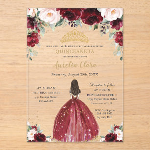 Invitations En Acrylique Chic Quinceanera Bordeaux Rouge Floral Princess