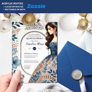 Invitations En Acrylique CHIC Quinceañera Marine Rose bleu or Robe Fleurs
