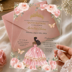 Invitations En Acrylique Chic Quinceañera Rouge Gorgé Fleurs Brun Princesse