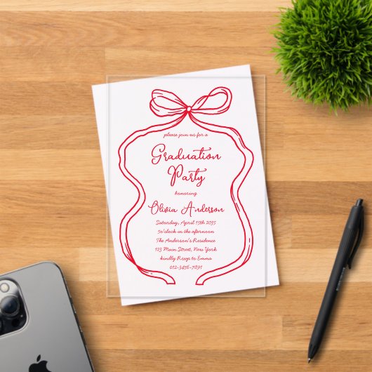 Invitations En Acrylique Chic Red Hand Drawn Bow & Script Graduation Party (Insitu (Carte d'invitation))