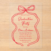Invitations En Acrylique Chic Red Hand Drawn Bow & Script Graduation Party (Recto)