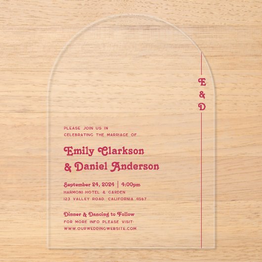 Invitations En Acrylique Chic Retro Été brillant rose chaud Mariage Monogra (Recto)