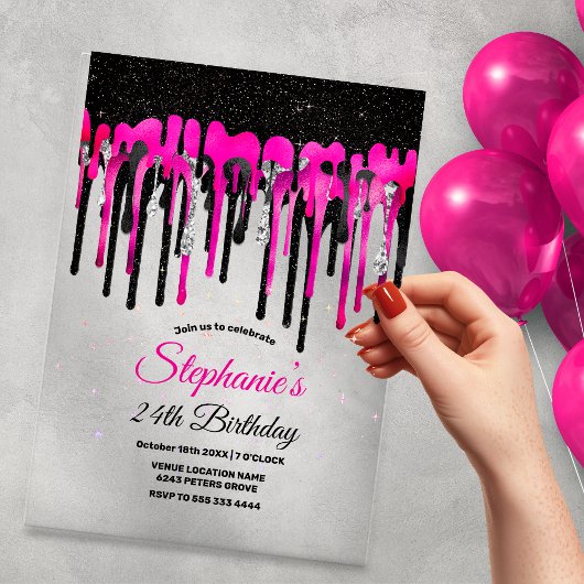 Invitations En Acrylique Chic rose chaud parties scintillant noire gouttes 