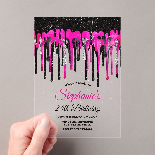 Invitations En Acrylique Chic rose chaud parties scintillant noire gouttes  (In situ (ordinateur de poche))