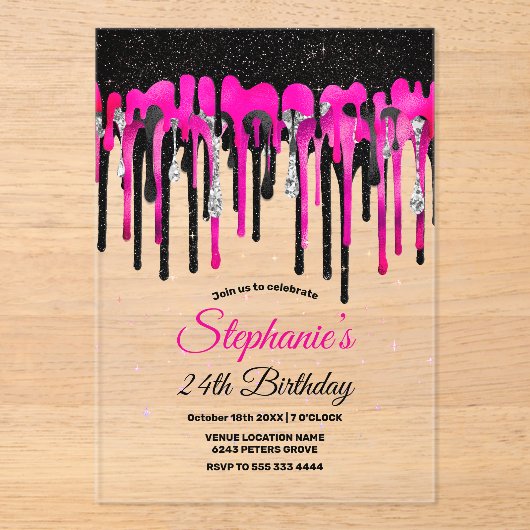 Invitations En Acrylique Chic rose chaud parties scintillant noire gouttes  (Recto)