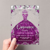 Invitations En Acrylique Chic rose fuchsia robe florale Quinceanera (In situ (ordinateur de poche))