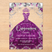 Invitations En Acrylique Chic rose fuchsia robe florale Quinceanera (Recto)