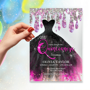 Invitations En Acrylique Chic rose poudré noir gouttes de cristal Quinceane