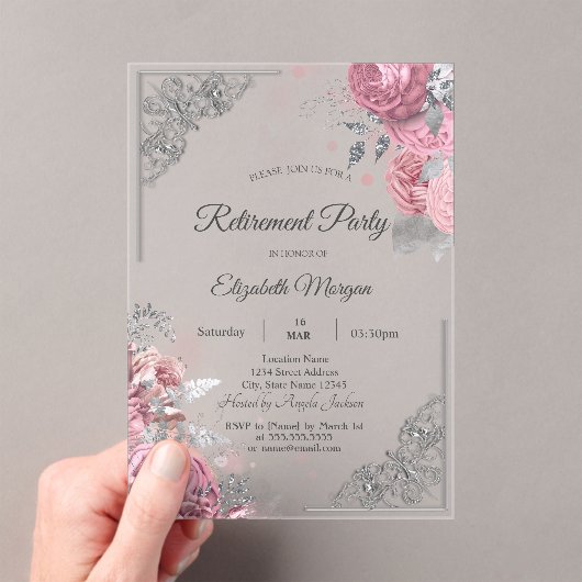Invitations En Acrylique Chic Roses Flowers Silver Frame Retirement (In situ (ordinateur de poche))
