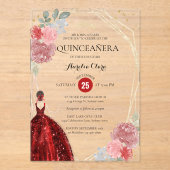 Invitations En Acrylique Chic Ruby Rouge Floral Géométrique Quinceañera (Recto)