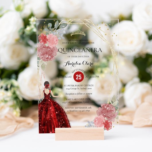 Invitations En Acrylique Chic Ruby Rouge Floral Géométrique Quinceañera