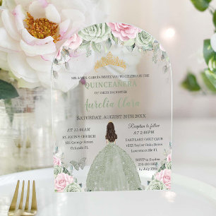 Invitations En Acrylique Chic Sage Green Baby Robe Rose Floral Quinceañera