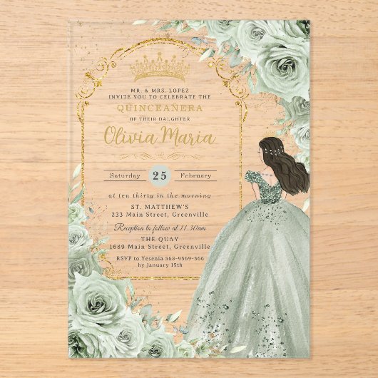 Invitations En Acrylique Chic Sage Green Floral Rose Princesse Quinceañera (Recto)
