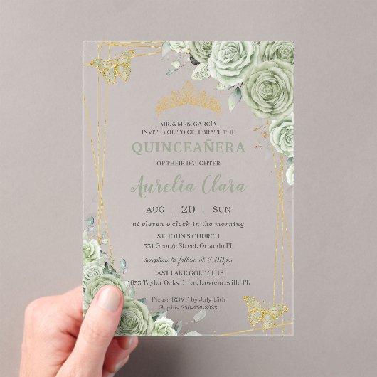 Invitations En Acrylique Chic Sage Green Papillons Floraux Quinceañera (In situ (ordinateur de poche))
