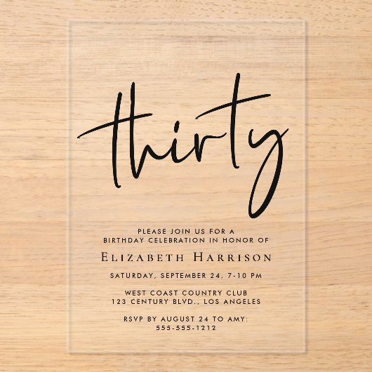 Invitations En Acrylique Chic Script 30e fête d'anniversaire (Recto)