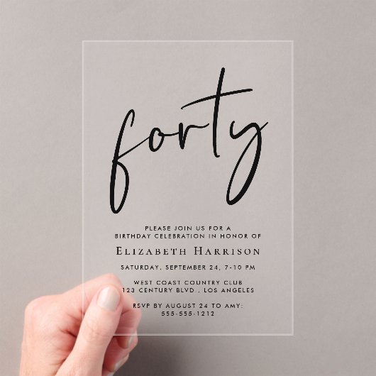 Invitations En Acrylique Chic Script 40e fête d'anniversaire (In situ (ordinateur de poche))
