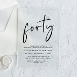 Invitations En Acrylique Chic Script 40e fête d'anniversaire<br><div class="desc">Élevez votre fête de 40ème anniversaire avec cette invitation chic en acrylique clair avec "quarante" dans un script élégant,  votre nom dans la typographie serif élégante et les détails de la fête en lettres simples et modernes, </div>