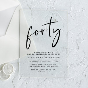Invitations En Acrylique Chic Script 40e fête d'anniversaire