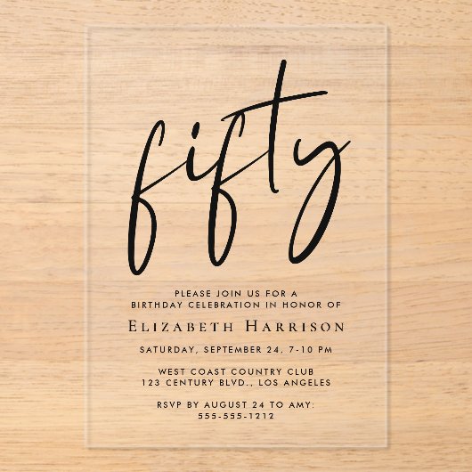 Invitations En Acrylique Chic Script 50e fête d'anniversaire (Recto)