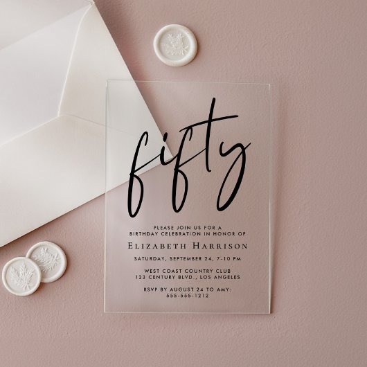 Invitations En Acrylique Chic Script 50e fête d'anniversaire