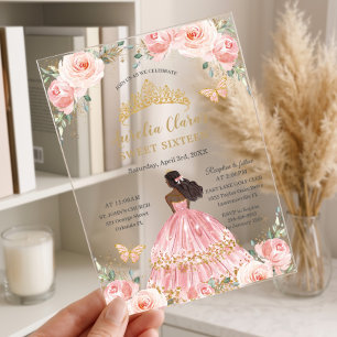 Invitations En Acrylique Chic Sweet 16 Rose Pâle Floral Brun Princesse