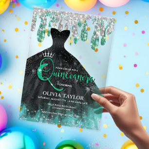 Invitations En Acrylique Chic vert noir robe cristal gouttes Quinceanera