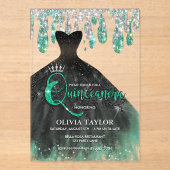Invitations En Acrylique Chic vert noir robe cristal gouttes Quinceanera (Recto)