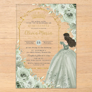 Invitations En Acrylique Chic vert sauge floral roses princesse Quinceañera