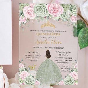 Invitations En Acrylique Chic Vert Sauge Rose Bébé Floral Or Quinceañera