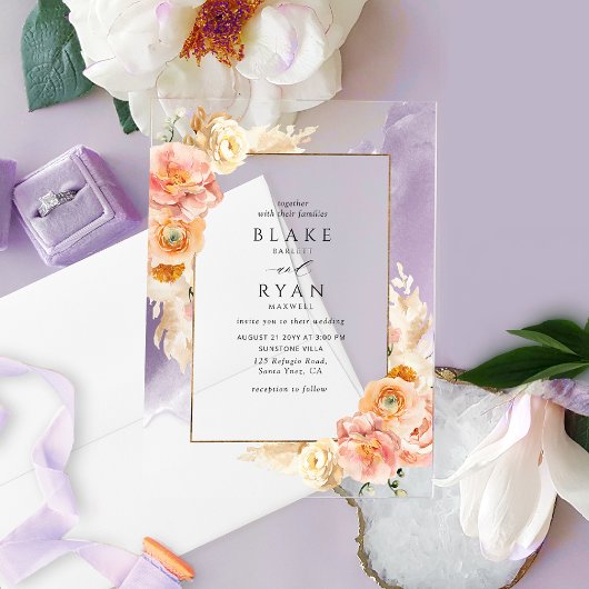 Invitations En Acrylique Chic violet, Pêche, Blush et crème Mariage floral