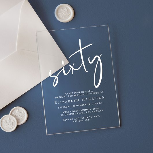 Invitations En Acrylique Chic White Script 60e fête d'anniversaire