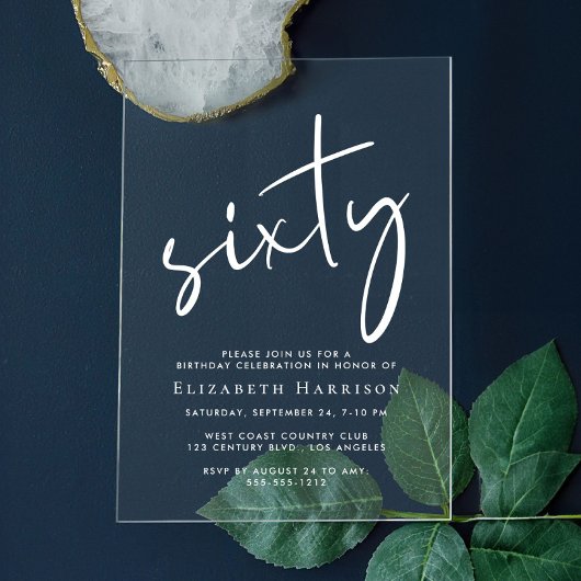 Invitations En Acrylique Chic White Script 60e fête d'anniversaire