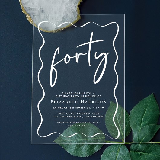Invitations En Acrylique Chic White Script Wavy Frame 40e fête d'anniversai