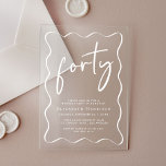 Invitations En Acrylique Chic White Script Wavy Frame 40e fête d'anniversai<br><div class="desc">Élevez votre fête de 40e anniversaire avec cette invitation acrylique claire avec une bordure blanche ondulée tendance,  "quarante" dans un grand script blanc chic,  votre nom en élégante typographie serif blanche et les détails de la fête en lettres simples et modernes, </div>