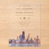 Invitations En Acrylique Chicago Skyline Watercolor Destination Wedding (Recto)