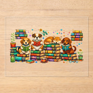 Invitations En Acrylique Chiens lisant des livres Scène de bibliothèque cos