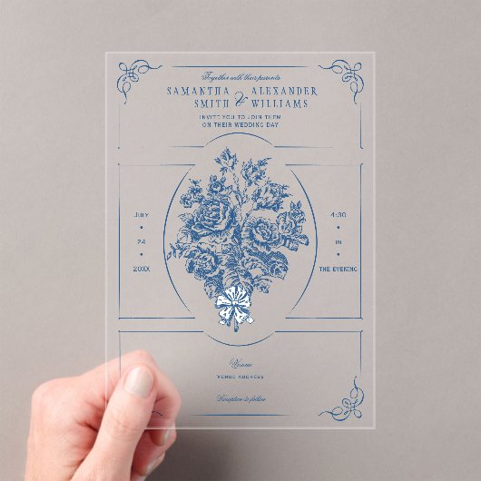 Invitations En Acrylique Chinoiserie Elégant Bouquet Bleu Mariage victorien (In situ (ordinateur de poche))