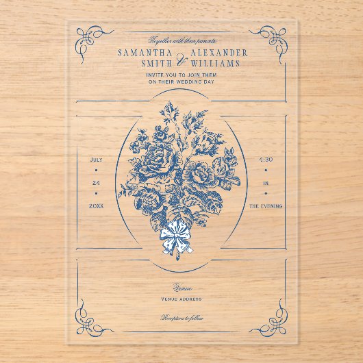 Invitations En Acrylique Chinoiserie Elégant Bouquet Bleu Mariage victorien (Recto)