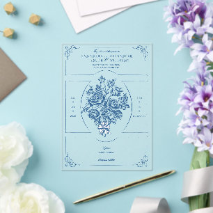 Invitations En Acrylique Chinoiserie Elégant Bouquet Bleu Mariage victorien