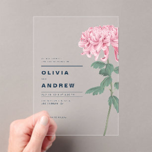Invitations En Acrylique Chrysanthème rose romantique Mariage botanique