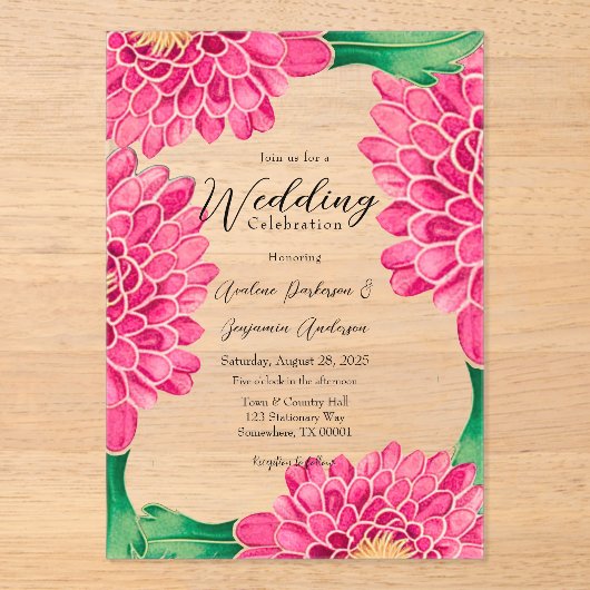 Invitations En Acrylique Chrysanthèmes rose Mariage Géométrique Or (Recto)