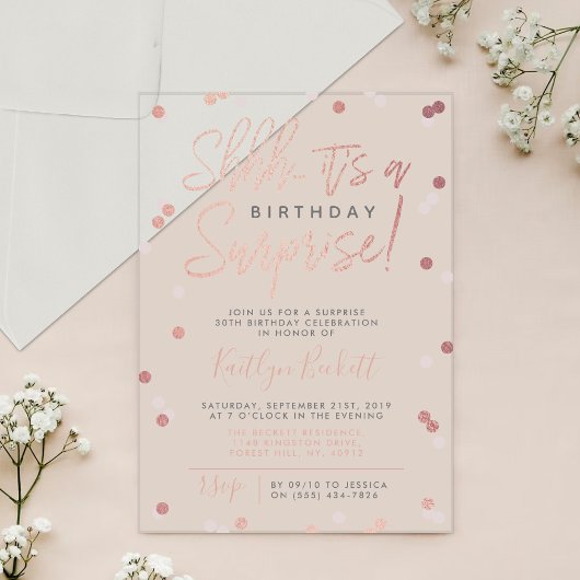 Invitations En Acrylique Chut... Surprise Anniversaire Rose Gold Foil Confe