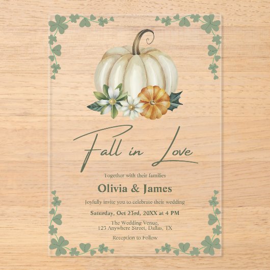 Invitations En Acrylique Chute en amour Citrouille Sage Mariage vert (Recto)