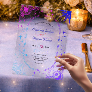 Invitations En Acrylique Ciel étoilé bleu violet soleil et lune mariage