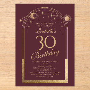 Invitations En Acrylique Ciel Rouge Or Soleil Lune Étoiles 30e Anniversaire