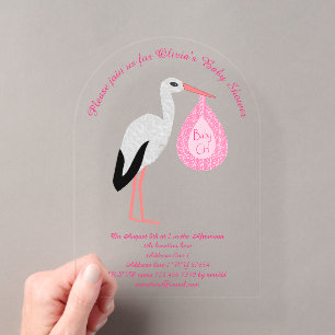 Invitations En Acrylique Cigogne Fille Bébé Rose Joliment Personnalisée pou