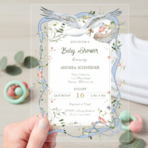 Invitations En Acrylique Cigogne Ruban et Nœud Baby Shower