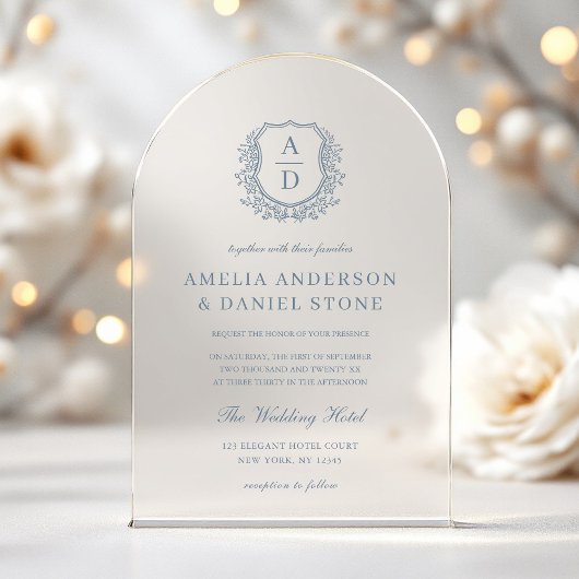 Invitations En Acrylique Cimetière Floral bleu Dusty Monogramme Mariage Élé